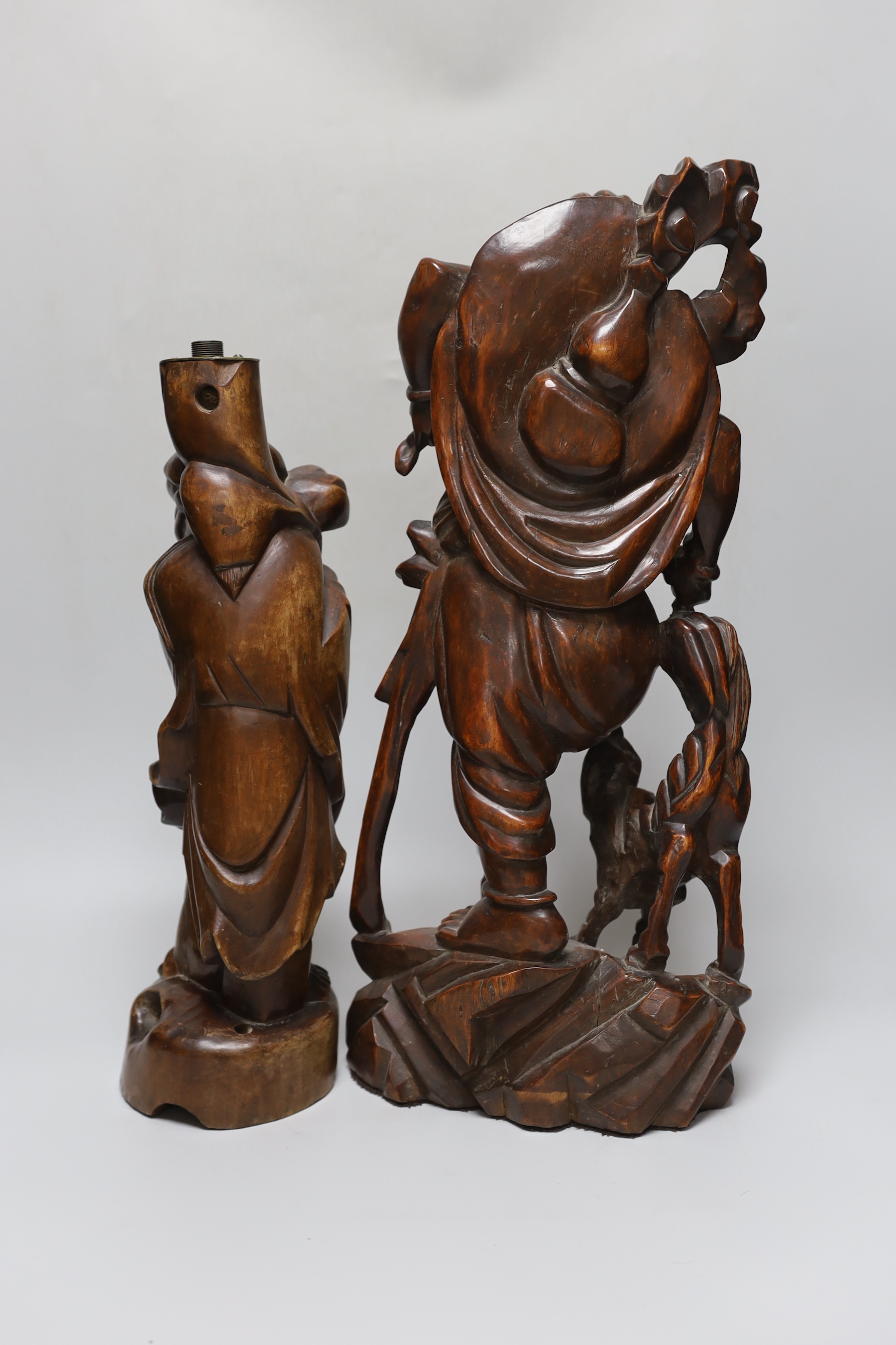 An early 20th century Chinese hardwood figure of Liu Hai, and a similar figure of Shou Lao (2), tallest 47cm